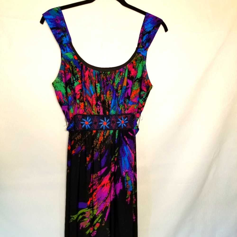 Bisou Bisou Womans Dress Sz 14W Sleeveless Midi Tie Back Beaded Waist Black Blue